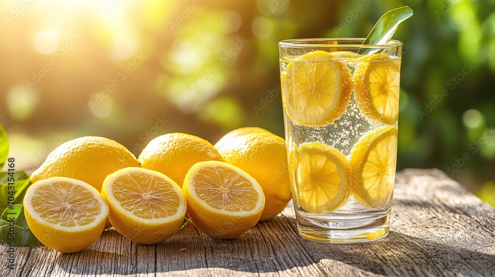 Aufkleber a glass of lemon water on a wooden table with slices of fresh lemons next to it representing hydrati