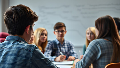Fototapeta premium Selective focus over shoulder shot of unrecognizable school psychologist working with group of teenagers, copy space isolated with white highlights, png