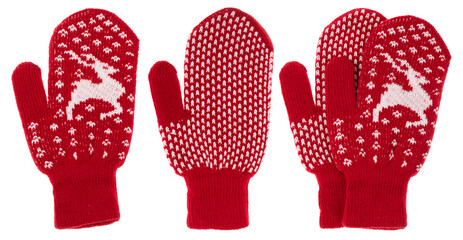 Red knitted mittens with white reindeer pattern isolated on white