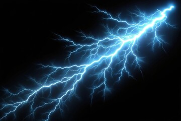 Electric blue lightning strike on black background at a tilted angle