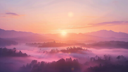 Fototapeta premium The first light of dawn breaks over the misty mountains. The sky is ablaze with color, and the clouds are touched with pink.