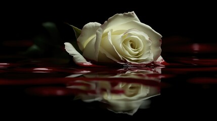 A single white rose in a pool of blood, its purity stained by the red liquid. The dark black background adds to the drama and tension.