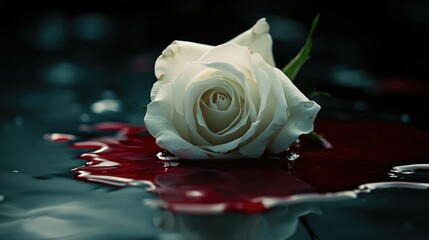 A single white rose in a pool of blood, its purity stained by the red liquid. The dark black background adds to the drama and tension.