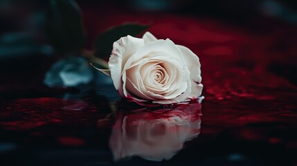 A single white rose lies in a blood-red puddle, the black background intensifying the stark, emotional imagery of life and death.
