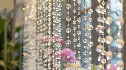 Elegant and shiny crystal beads hanging in front of blurred pink flowers.
