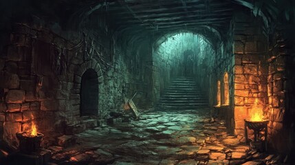 A sinister medieval dungeon room lit by flickering fire torches. Stone walls, uneven floors, and a chilling, dark atmosphere.