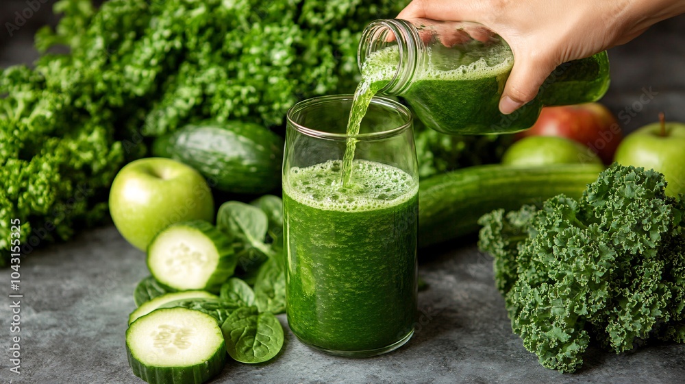 Poster a person preparing a fresh green juice with ingredients like spinach cucumber and apples promoting h