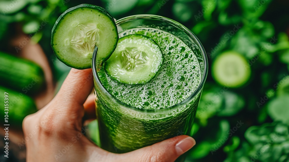 Poster a person preparing a fresh green juice with ingredients like spinach cucumber and apples promoting h