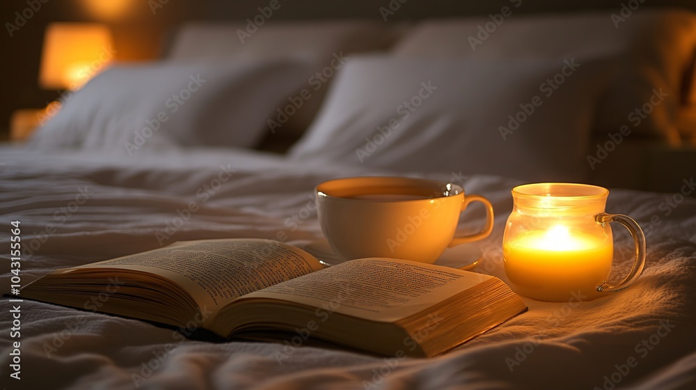 Poster a peaceful nighttime routine with dim lighting a book and a cup of warm tea representing relaxation 