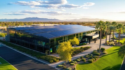 Fototapeta premium Sustainable large commercial building featuring solar panels in a scenic landscape