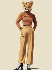Obraz premium Female lion in a fashionable turtleneck and wide-leg trousers on a beige background.