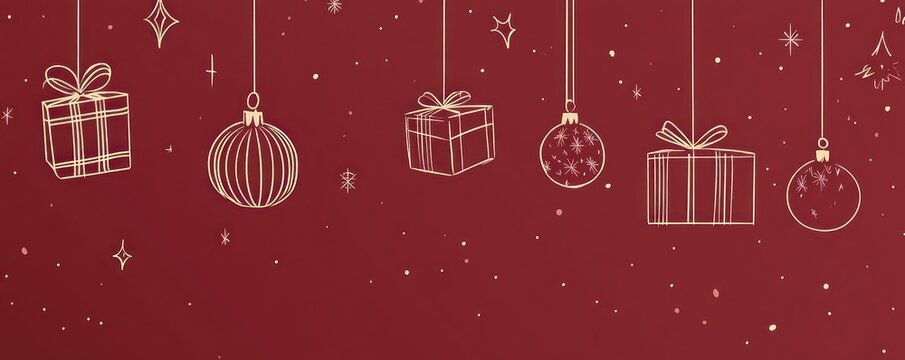 Festive illustration featuring hanging gifts and ornaments on a red background.