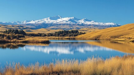 Obraz premium A tranquil lake with snow-capped mountains in the distance, reflected in the still water.