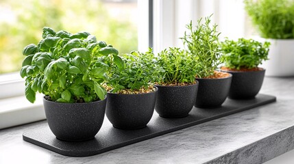 A colorful display of fresh herbs and spices on a kitchen counter ready to be used for healthy cooking representing flavorful yet nutritious meals Stock Photo with side copy space