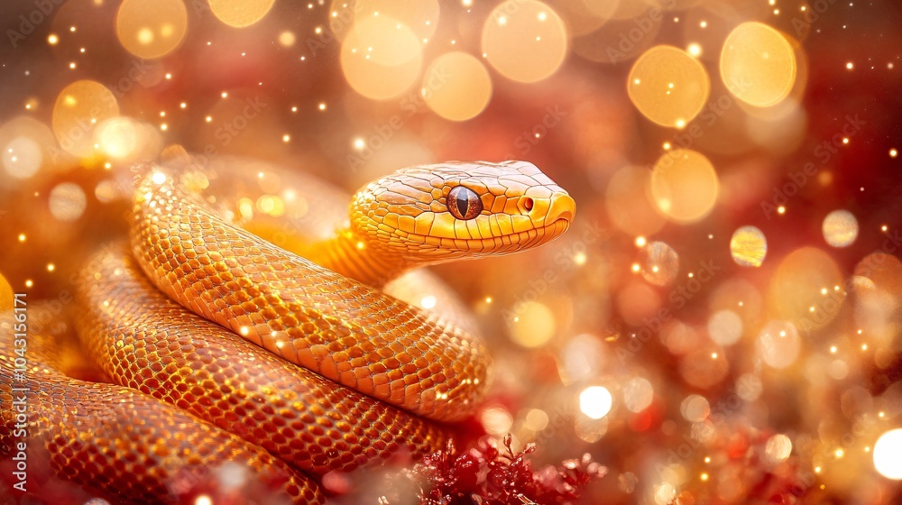 Poster a golden snake elegantly coiled amidst a backdrop of vibrant fireworks and sparkling lights with dee