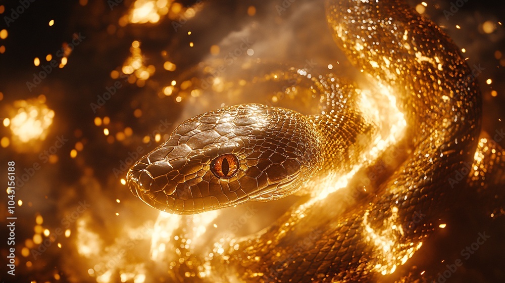 Poster a golden snake elegantly coiled amidst a backdrop of vibrant fireworks and sparkling lights with dee