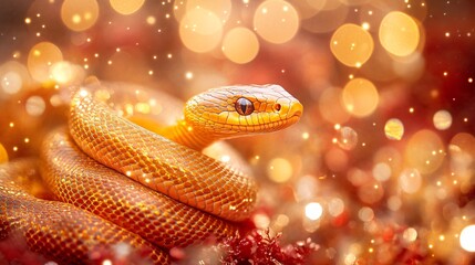 Fototapeta premium A golden snake elegantly coiled amidst a backdrop of vibrant fireworks and sparkling lights with deep red and gold hues creating a festive atmosphere Stock Photo with side copy space