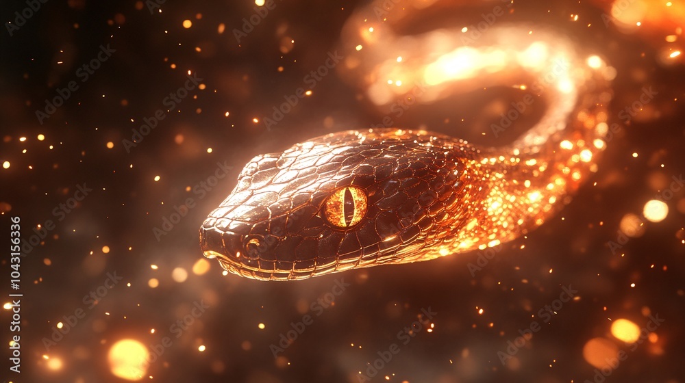 Poster a golden snake elegantly coiled amidst a backdrop of vibrant fireworks and sparkling lights with dee