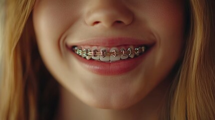 Obraz premium Closeup of Smiling Woman with Colorful Braces