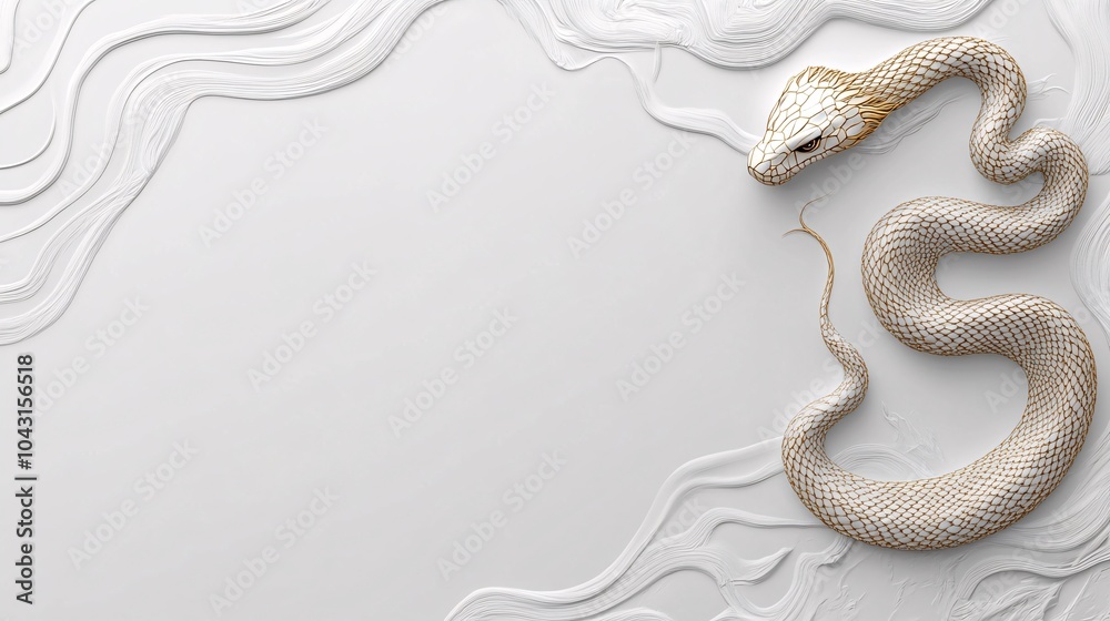 Aufkleber A minimalistic snake design in sleek golden lines on a white background with delicate patterns accentuating the year 2025 written in clean simple typography Stock Photo with side copy space