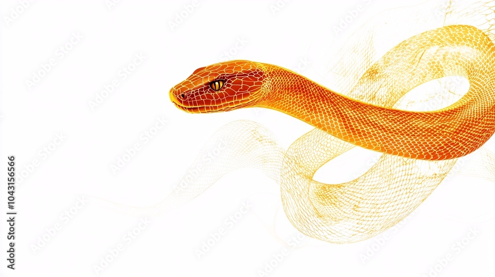 Poster A minimalistic snake design in sleek golden lines on a white background with delicate patterns accentuating the year 2025 written in clean simple typography Stock Photo with side copy space
