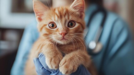 Veterinarian holds a kitten in his arms, treatment, veterinary clinic, animal care	