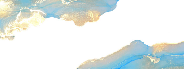 
Horizontal background with blue waves and golden lines. Abstract sea, ocean view. Elegant, chic backdrop, cover, card, invitation, business style design. Glitter sparkles, golden powder. Alcohol ink.