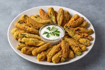 Fried Okra Tempura with Yogurt - Yoghurt Sauce. Healthy Snacks.