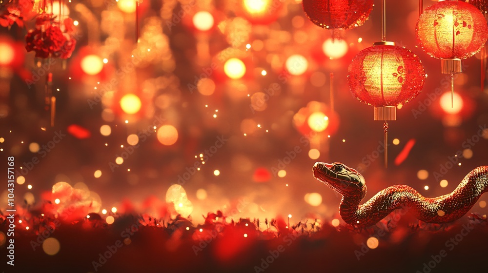 Aufkleber a majestic golden snake illuminated by red and gold chinese lanterns that hang throughout the design