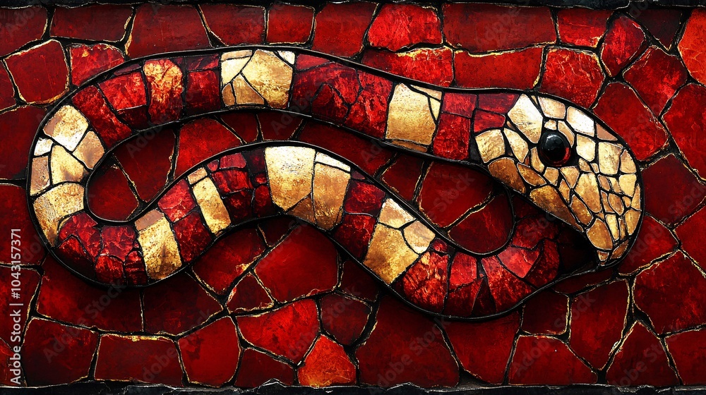 Poster An abstract snake pattern with geometric shapes in bold red gold and black tones repeating to form a contemporary artistic background Stock Photo with side copy space
