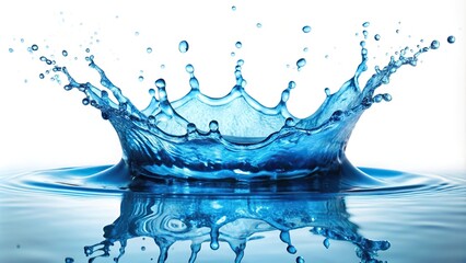Dynamic blue water splash captured in mid impact with scattering droplets on a white background