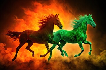 Dynamic contrast of fiery orange and emerald green silhouette of horses against the sky