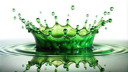 dynamic green waterdrops and splashes isolated on white background aerial view
