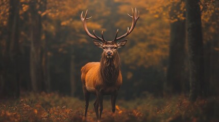 Red deer with big antlers in a forest during autumn season.