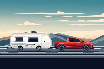 A red pickup truck pulls a white camper trailer on a scenic highway.