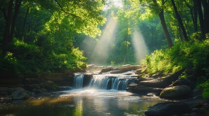 Tranquil waterfall descending rocks amidst vibrant forest sunlight streaming through the trees