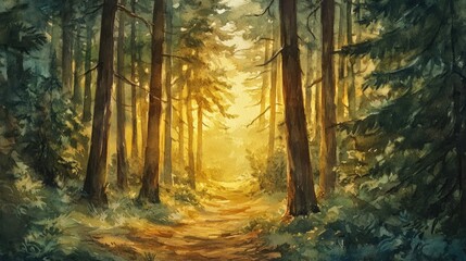 Obraz premium A watercolor scene of a dense forest with towering pine trees, a winding dirt path, and a golden sunset casting warm light through the branches.