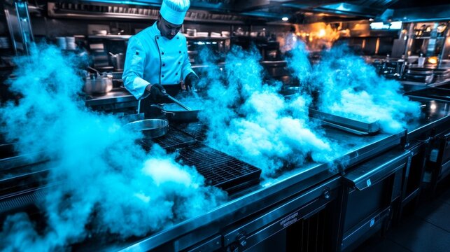 A chef prepares food in a professional kitchen, surrounded by blue smoke and steam.