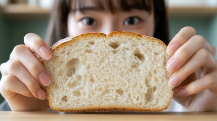 ホームベーカリーの環境で、焼きたてのパンのスライスを手に持ち、食感に注目している女性