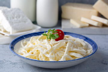 Traditional Turkish cheeses. The original Turkish name is known as cecil. Cecil cheese. Turkish name; Tel peynir