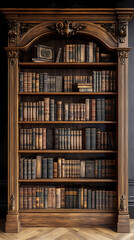 Blurred bookshelf background.Bookshelf in Library with antique books. 3d rendering.