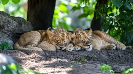 Two young lions sleeping peacefully under leafy greenery.
