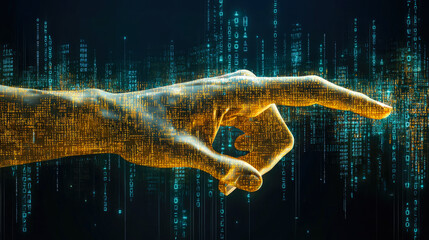 A glowing hand touches a matrix of digital code, representing the fusion of technology and humanity in a vibrant display.