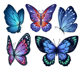 Obraz premium Butterfly Collection Illustration Set. Beautiful Watercolor Tropical Moths Isolated on White Background. Flying Cute Insects with Colorful Wings