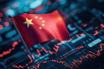 The Chinese flag stands tall against a backdrop of financial charts.
