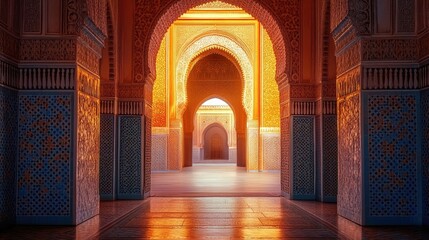 Fototapeta premium Arab-style archway leading to a mosque, bathed in soft light, with ornate patterns that evoke cultural depth and spiritual calm.