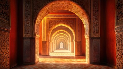 Arab-style archway, with detailed patterns, leading to a mosque bathed in serene light, embodying cultural and spiritual harmony.