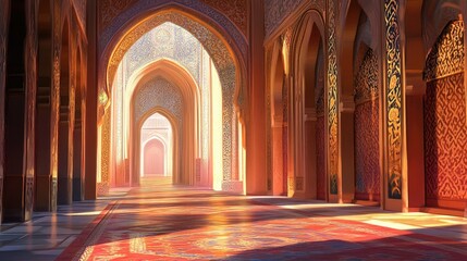 Obraz premium Arab-style archway, with detailed patterns, leading to a mosque bathed in serene light, embodying cultural and spiritual harmony.