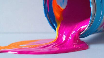 vibrant, glossy paint flowing out of a tipped-over paint can, creating smooth