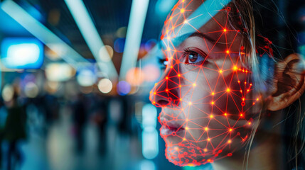 Woman face with digital grid pattern on dark blue background, authentication scanning concept